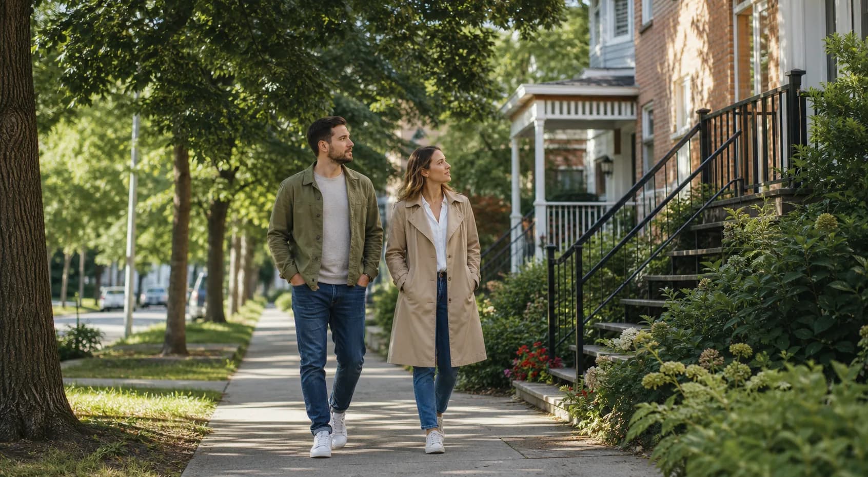 Couple marchant dans un quartier résidentiel et observant les maisons