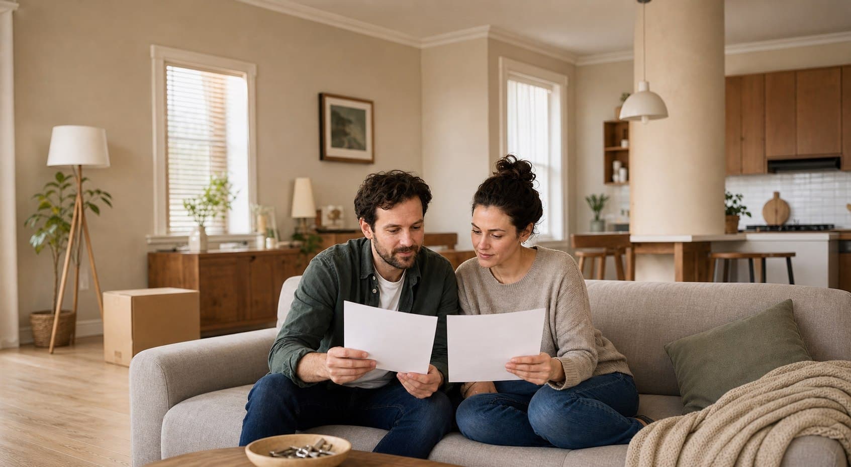 Couple assis sur un canapé comparant des documents