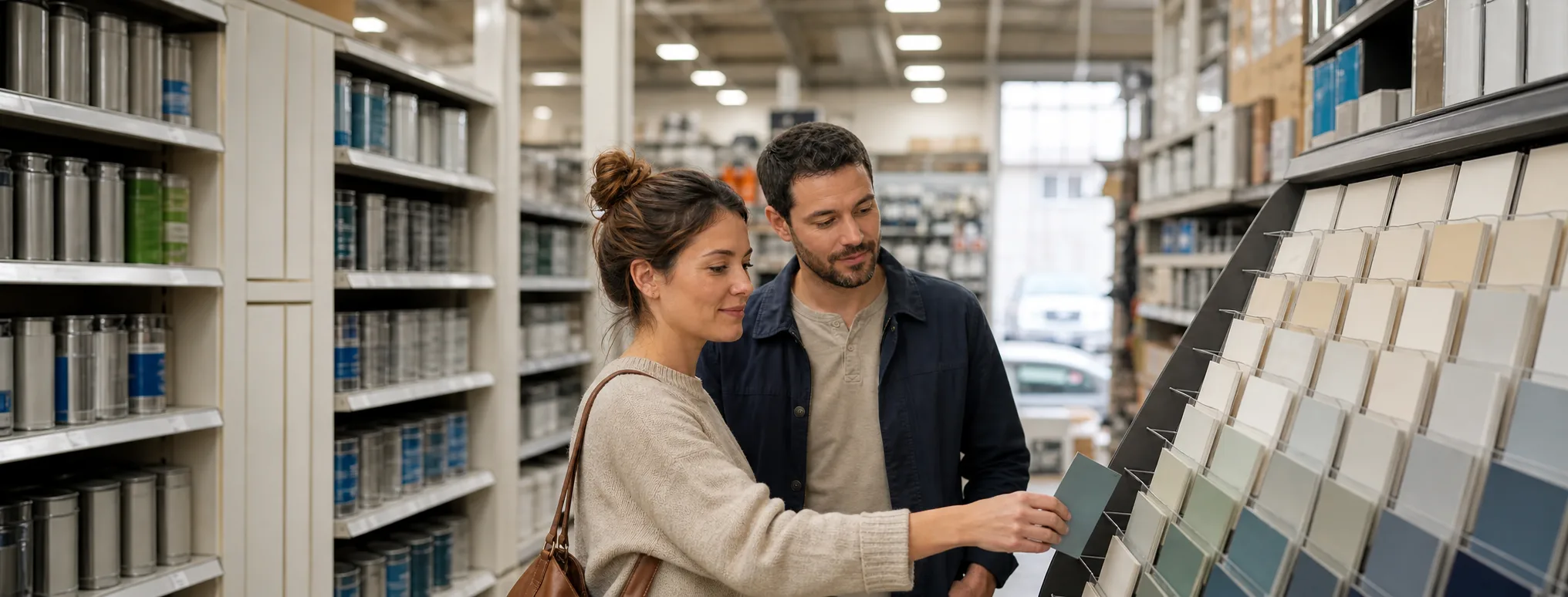 Couple choisissant des échantillons de peinture dans une quincaillerie